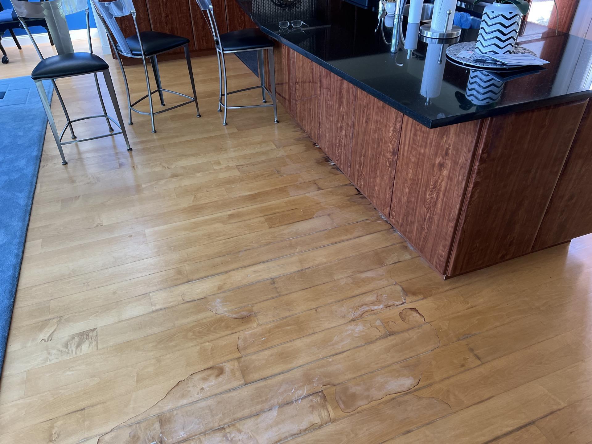Hardwood floor water damage visible near kitchen island prior to full water mitigation drying