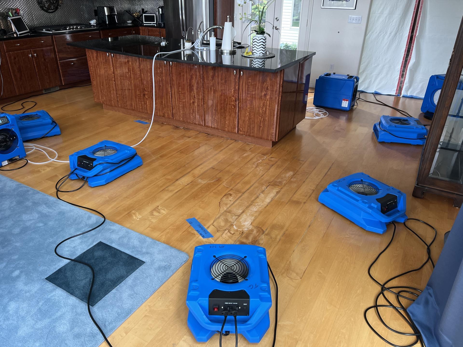 Professional water mitigation drying equipment installed across a kitchen to dry affected hardwood flooring