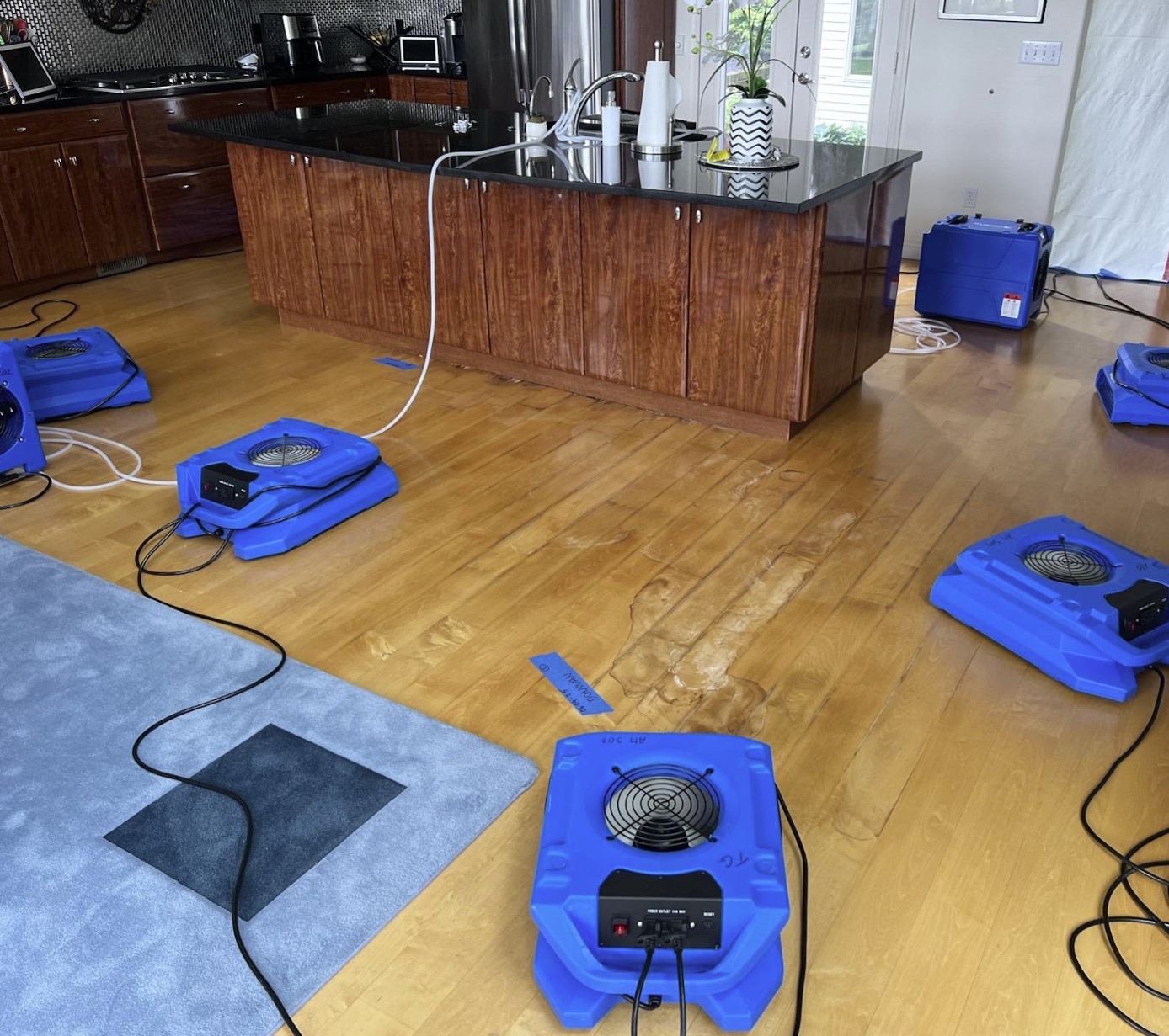 Air movers and dehumidifier drying a hardwood kitchen floor after water damage in Chagrin Falls, OH