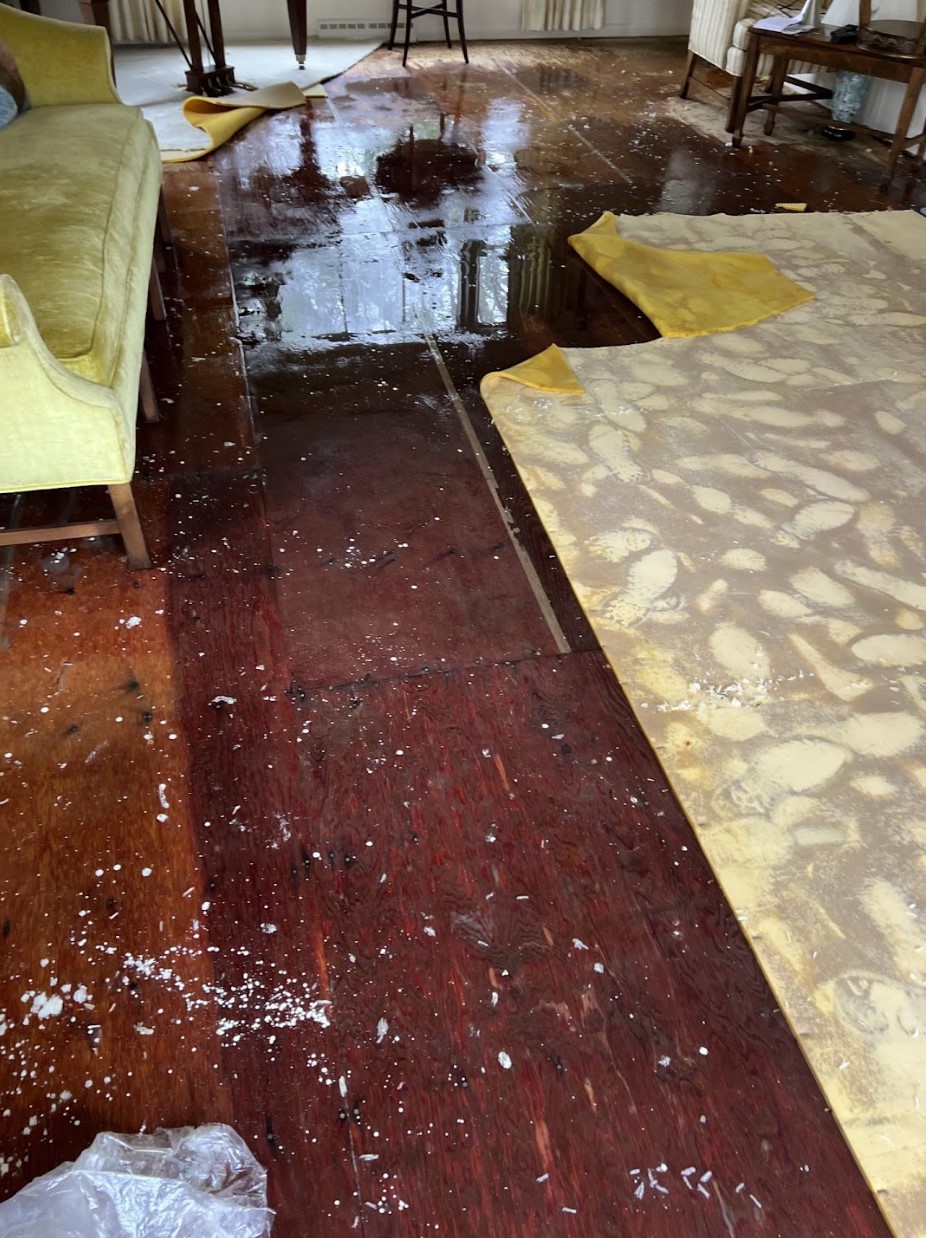 Standing water and lifted flooring in a Lakewood, OH living room after water damage